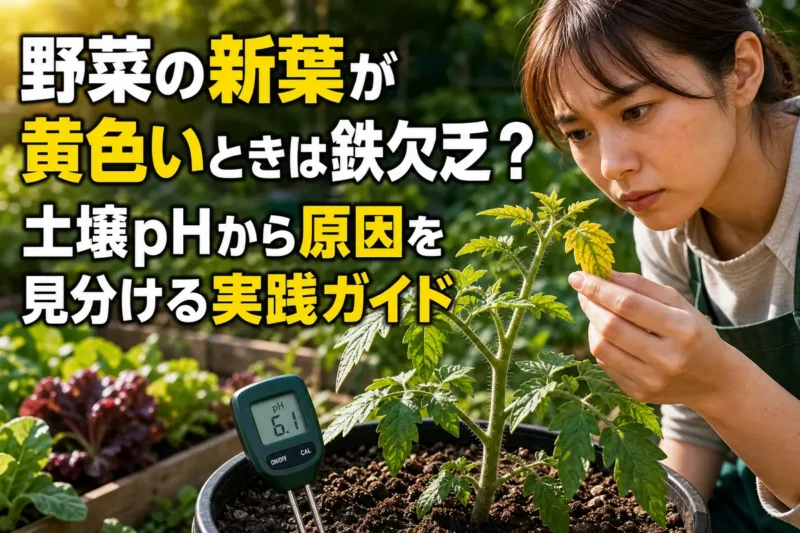 新葉が葉脈を残して黄色くなった野菜と土壌pHを確認する様子。