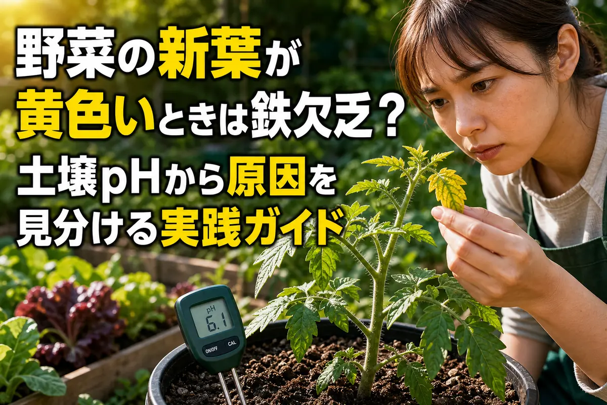 新葉が葉脈を残して黄色くなった野菜と土壌pHを確認する様子。