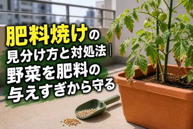 葉先が傷んだプランター野菜と肥料を確認している様子。