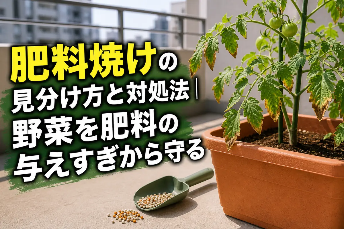 葉先が傷んだプランター野菜と肥料を確認している様子。