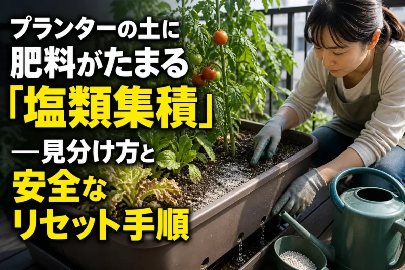プランターの土と野菜の根元を確認し、塩類集積に対処する様子。