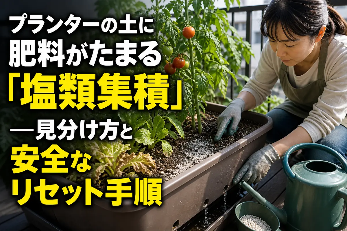 プランターの土と野菜の根元を確認し、塩類集積に対処する様子。