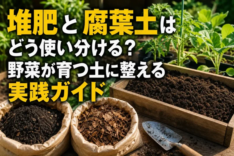 堆肥と腐葉土を並べて家庭菜園の土づくりをする様子。