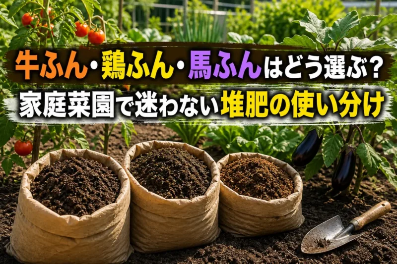 牛ふん・鶏ふん・馬ふん堆肥を家庭菜園の土のそばに並べた様子。