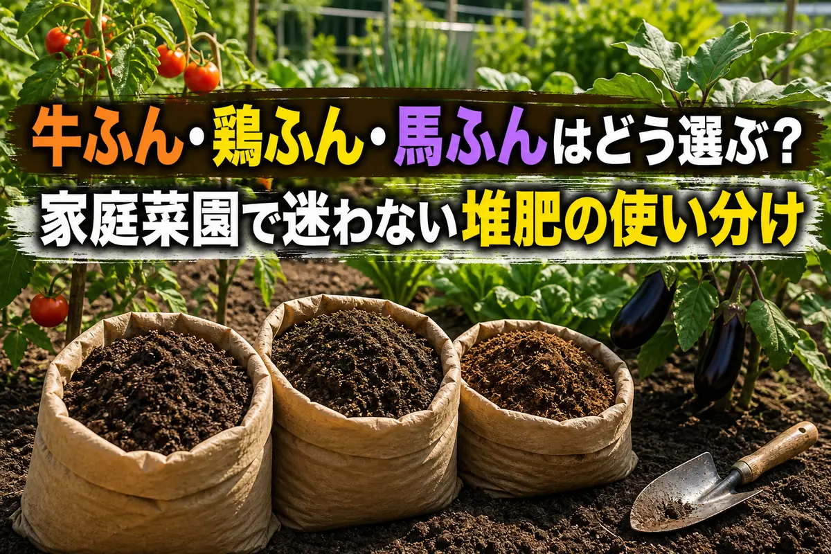 牛ふん・鶏ふん・馬ふん堆肥を家庭菜園の土のそばに並べた様子。