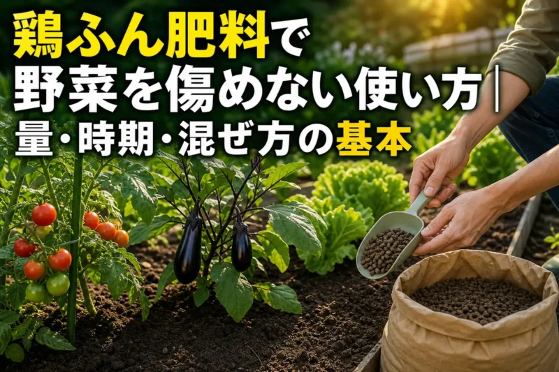 家庭菜園の畑で鶏ふん肥料を計量している様子。