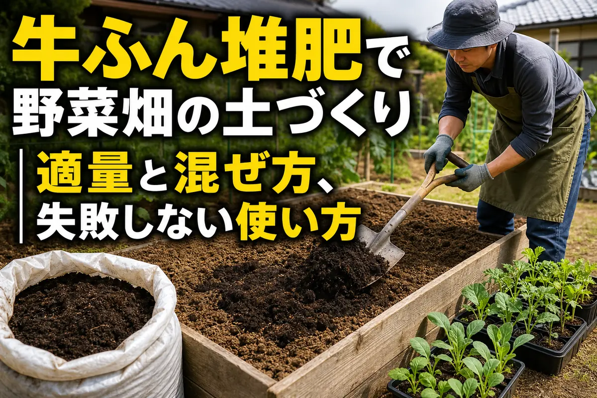 家庭菜園の畝に完熟牛ふん堆肥を混ぜ込んで土づくりをする様子。