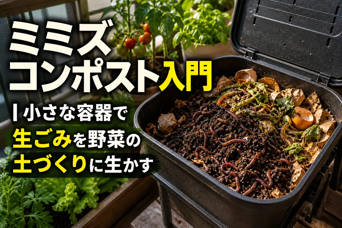 野菜くずと湿った床材を入れた家庭菜園用のミミズコンポスト。