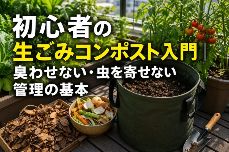 ベランダの生ごみコンポストと元気に育つ野菜のプランター。
