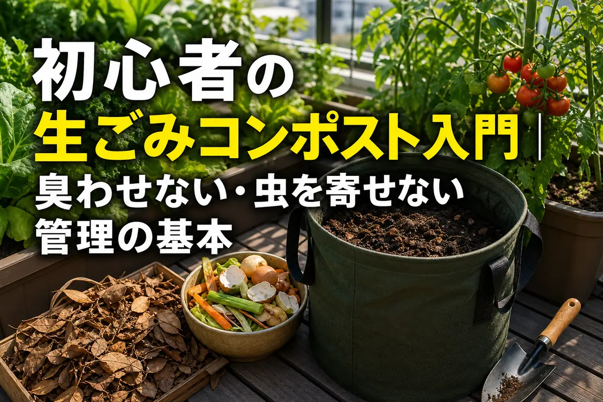 ベランダの生ごみコンポストと元気に育つ野菜のプランター。
