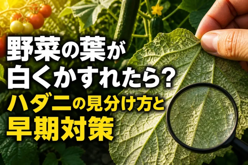 白くかすれた野菜の葉裏をルーペで確認している様子。