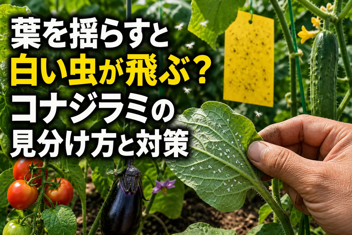 野菜の葉裏に付いたコナジラミを確認する家庭菜園の様子。