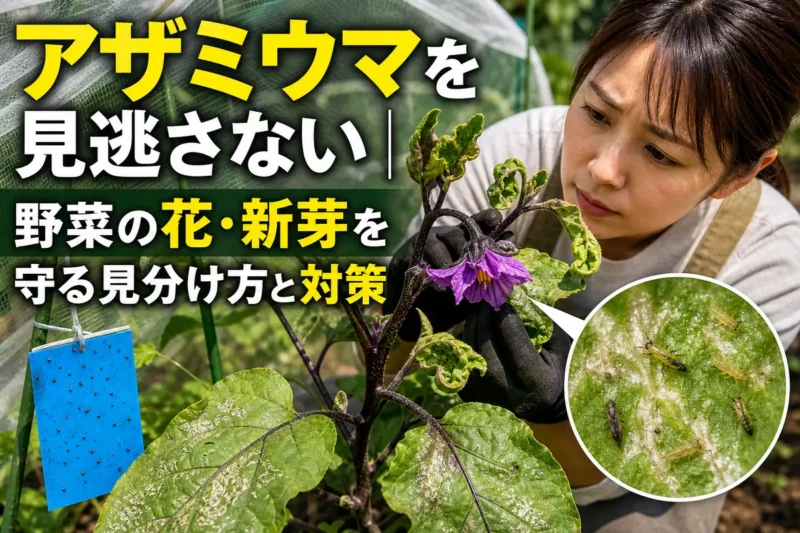 家庭菜園の野菜の花と新芽を観察し、アザミウマの被害を確認している様子。