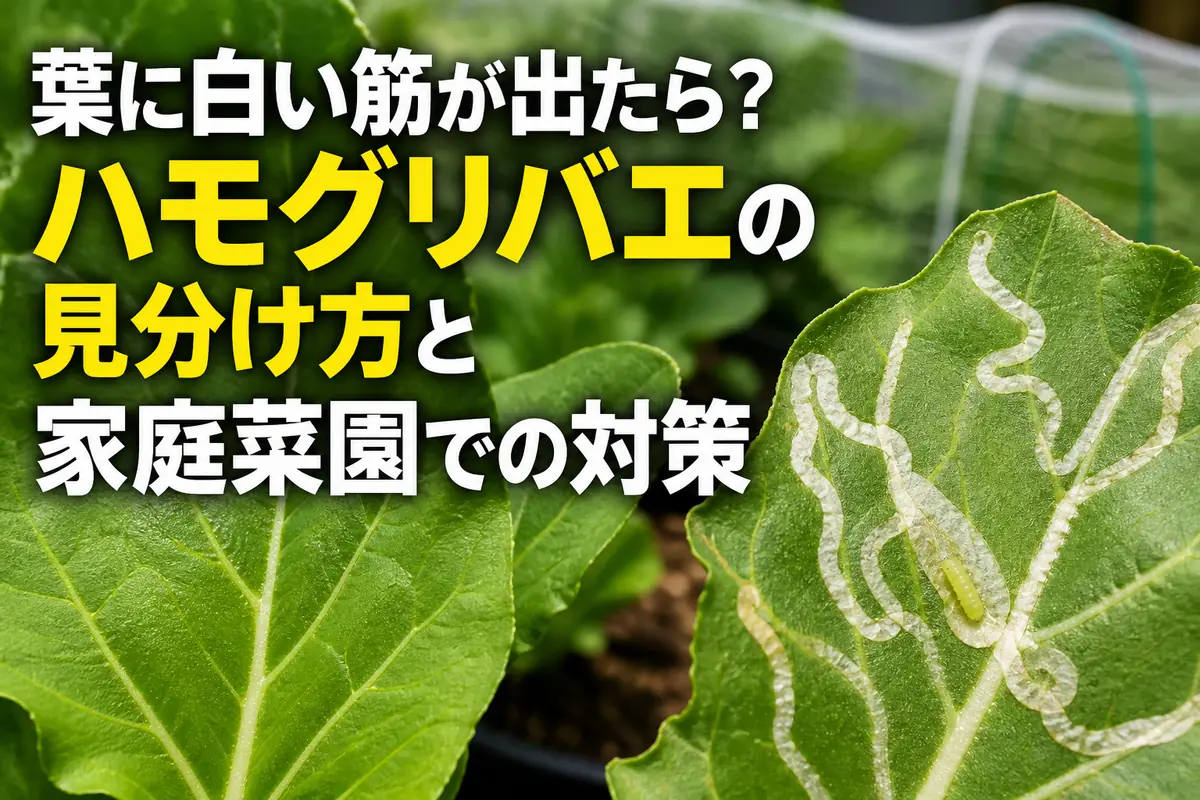野菜の葉に現れた曲がりくねった白いハモグリバエの食害痕。
