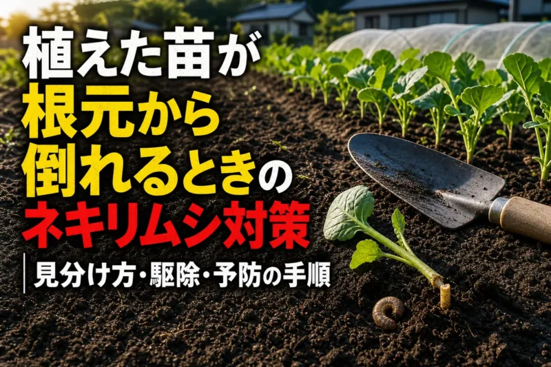 根元から倒れた野菜苗のそばでネキリムシを確認する家庭菜園。
