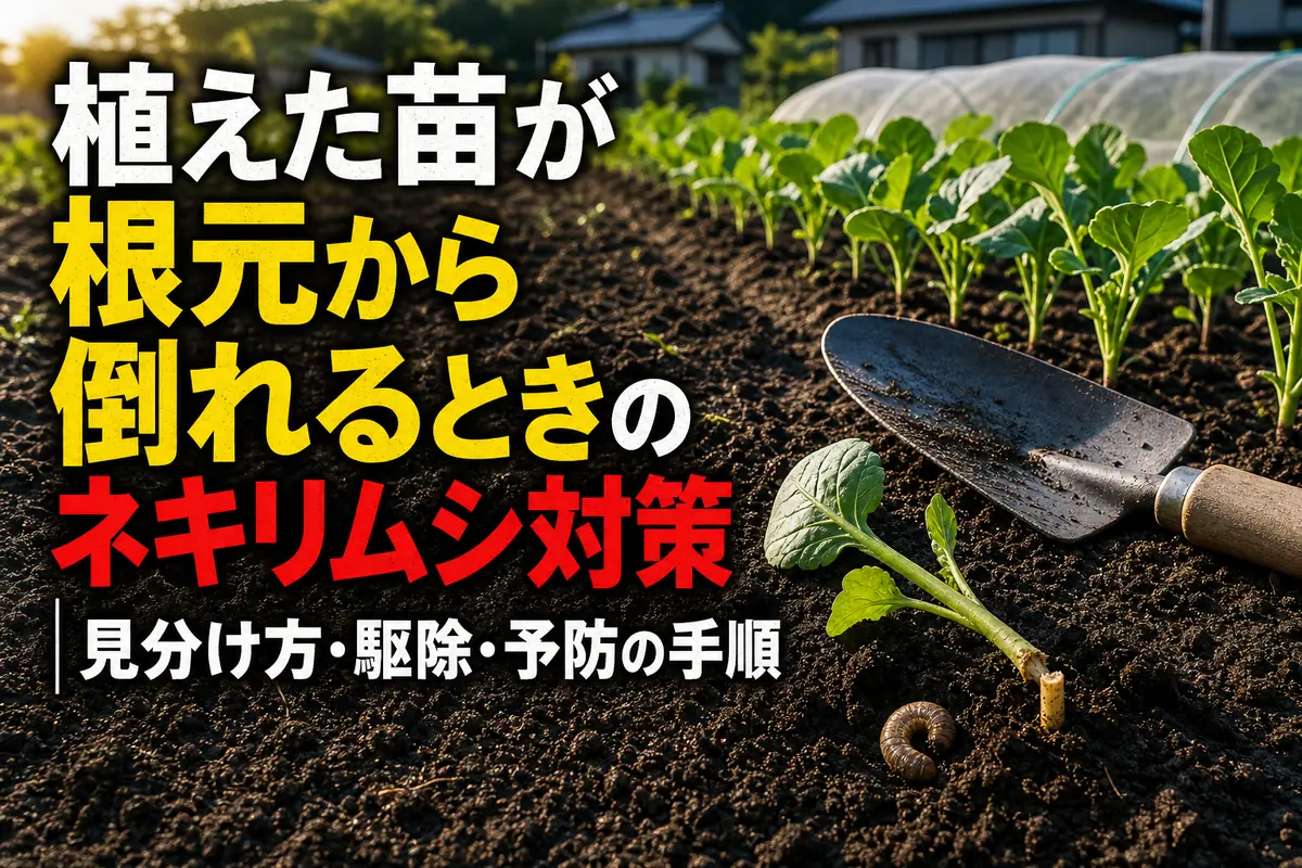 根元から倒れた野菜苗のそばでネキリムシを確認する家庭菜園。
