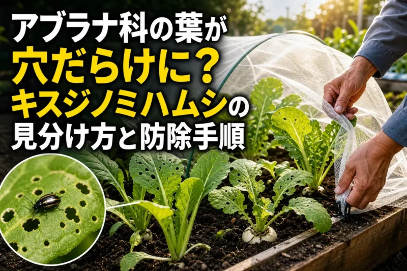 小さな食害穴のあるアブラナ科野菜と防虫ネットを設置した家庭菜園。