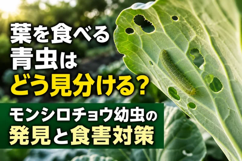食害跡のあるキャベツの葉裏に付いた緑色のモンシロチョウ幼虫。