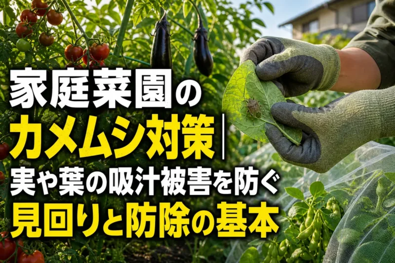 家庭菜園で葉裏のカメムシを点検する様子。