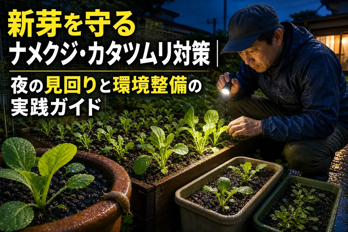 雨上がりの夕方にライトで野菜の新芽と株元を点検する様子。