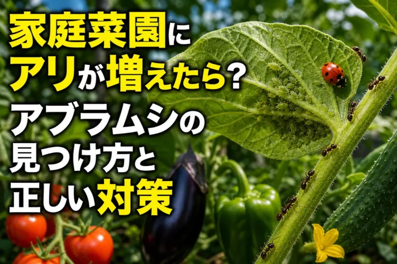 野菜の茎を歩くアリと葉裏に集まったアブラムシ。