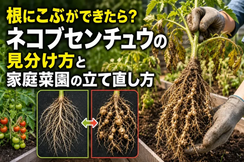 根にこぶができた野菜を家庭菜園で確認している様子。