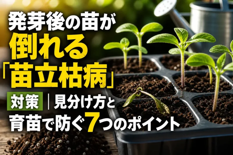 育苗トレイで倒れた苗と健全な野菜苗を比較している様子。