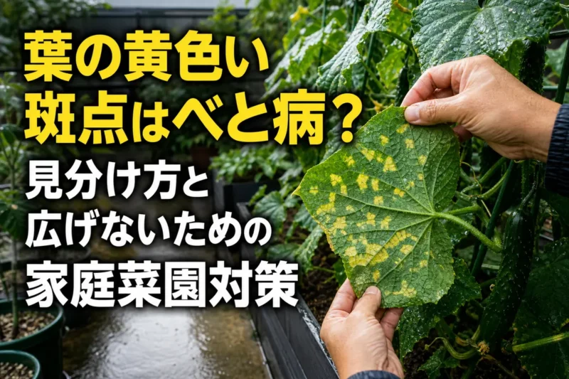 家庭菜園で黄色い斑点の出たキュウリの葉裏を確認している様子。