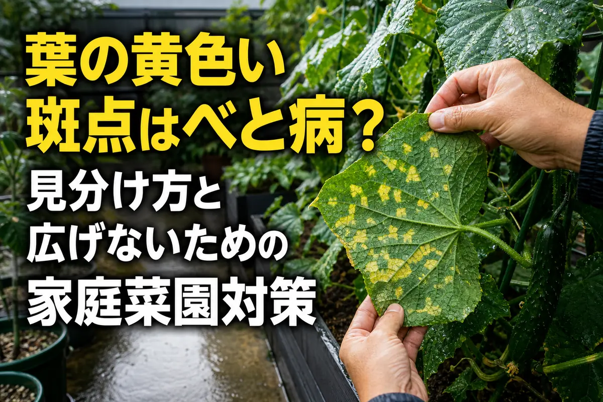 家庭菜園で黄色い斑点の出たキュウリの葉裏を確認している様子。