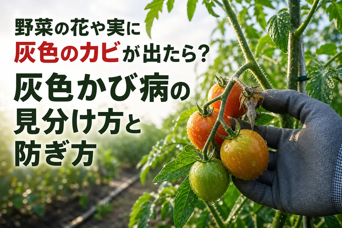 家庭菜園でトマトの花と実に出た灰色かび病を確認している様子。