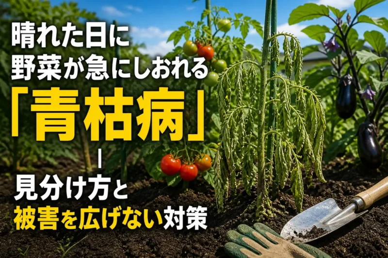 晴れた家庭菜園で緑の葉をつけたまましおれているトマト株。