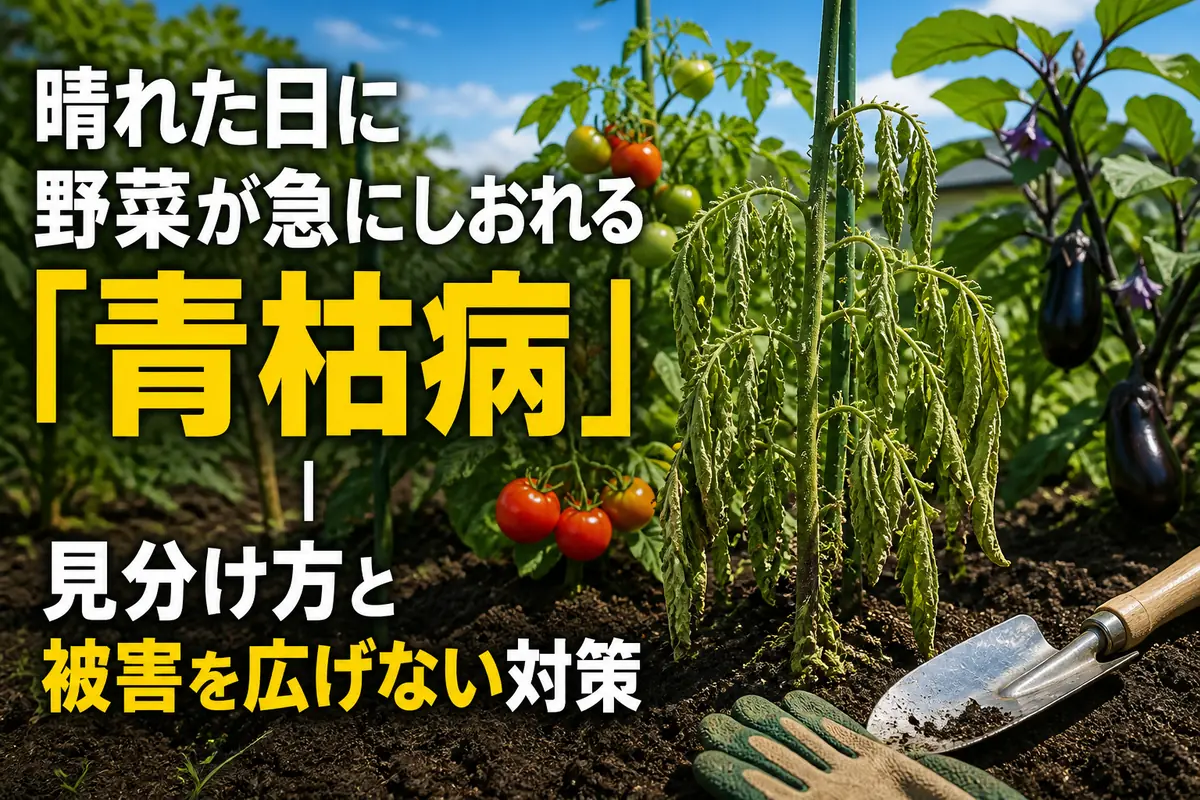 晴れた家庭菜園で緑の葉をつけたまましおれているトマト株。
