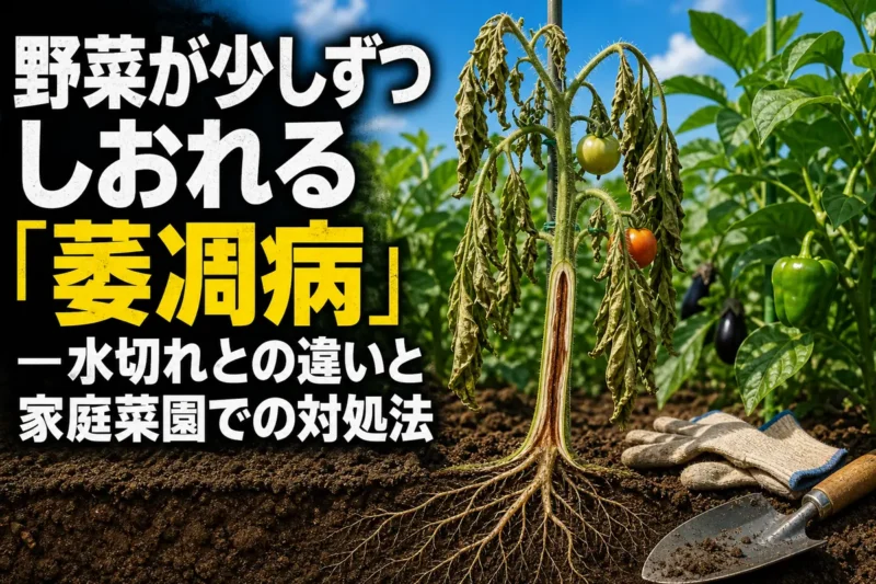 家庭菜園でしおれた野菜と根・茎の異変を確認する様子。