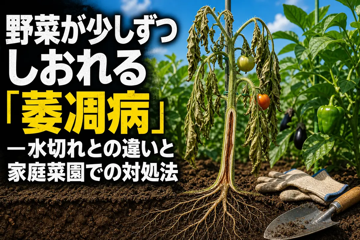 家庭菜園でしおれた野菜と根・茎の異変を確認する様子。