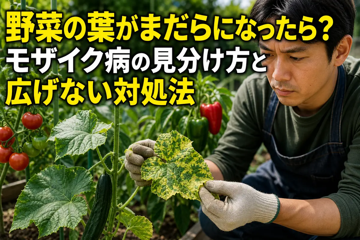 家庭菜園でまだら模様と縮れが出た野菜の葉を確認している様子。