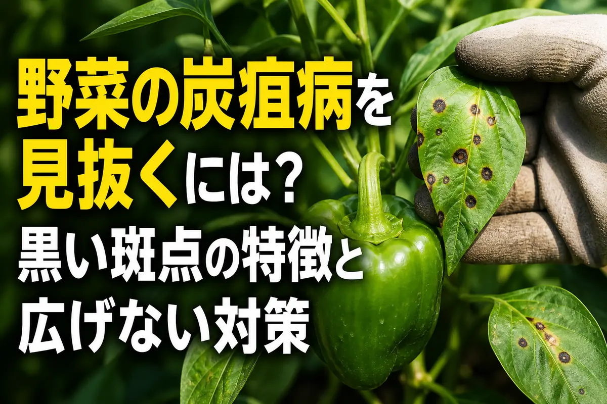 黒い斑点が出た野菜の果実と葉を手袋で確認している様子。
