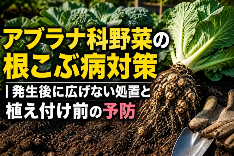 根がこぶ状に肥大したアブラナ科野菜を確認する家庭菜園の様子。