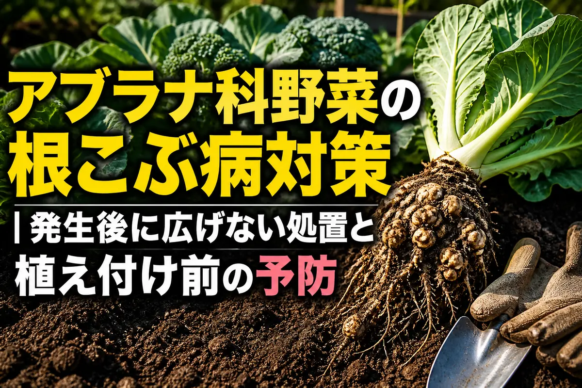 根がこぶ状に肥大したアブラナ科野菜を確認する家庭菜園の様子。