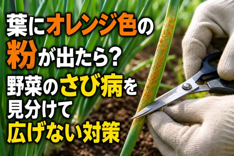 オレンジ色のさび病斑が出たネギの葉を取り除く様子。