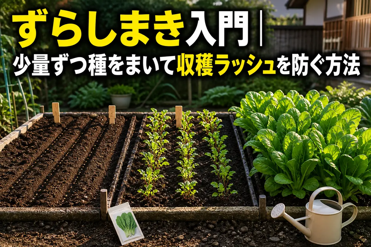 生育段階の異なる葉物野菜が並ぶ、ずらしまきの家庭菜園。