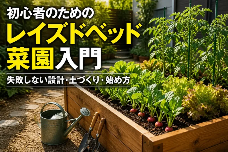 木製のレイズドベッドで野菜を育てる家庭菜園の様子。
