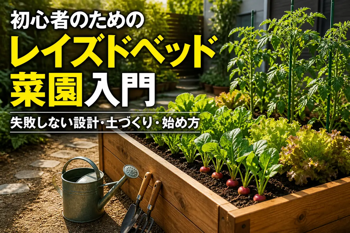 木製のレイズドベッドで野菜を育てる家庭菜園の様子。