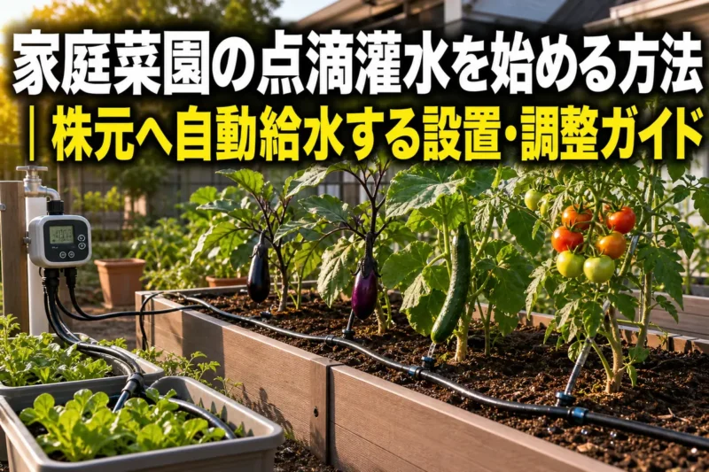 野菜の株元へ点滴チューブで自動給水している家庭菜園。