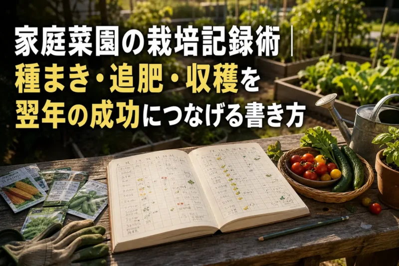 家庭菜園の作業日と収穫を記録するノートと野菜。
