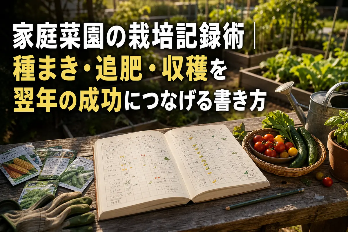 家庭菜園の作業日と収穫を記録するノートと野菜。
